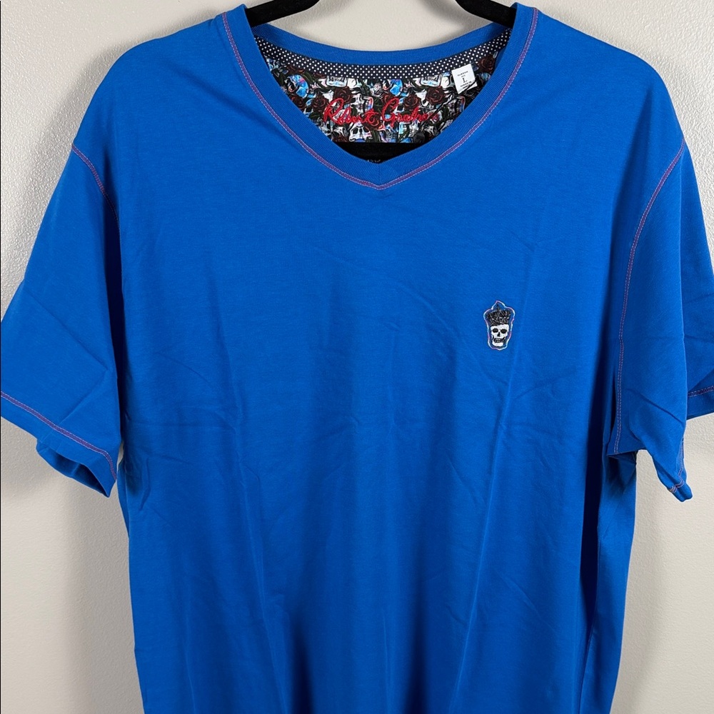 Robert Graham Blue V-Neck Short Sleeve Tee with Skull Emblem